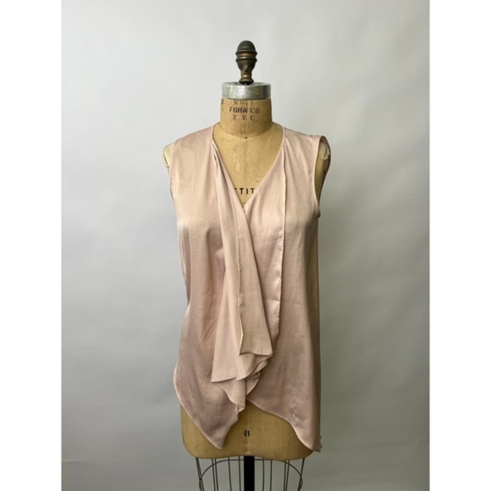 BCBGMAXAZRIA Womens Blush Pink Satin Draped Ruffle High Low Blouse XS 159